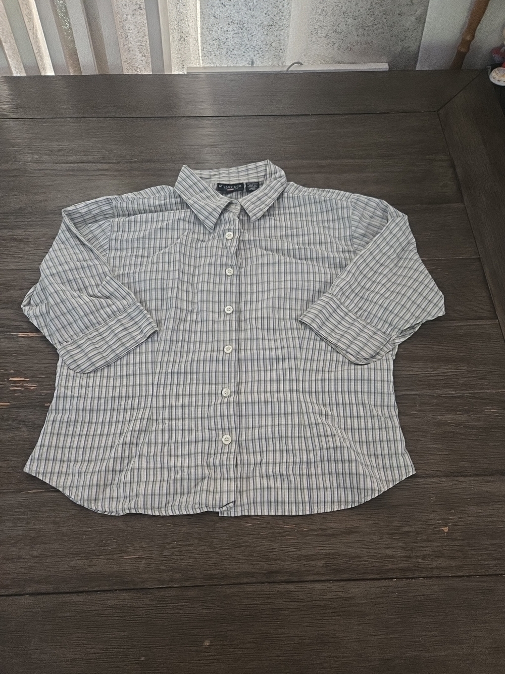 At Last & Co Women's L Plaid ButtonDown Shirt 100% Cotton 3/4 Sleeve Green Check